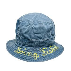 Y2K FAHRENHEIT Going Fishin Washed Denim Bucket Hat Cap Embroidered Unisex L/XL